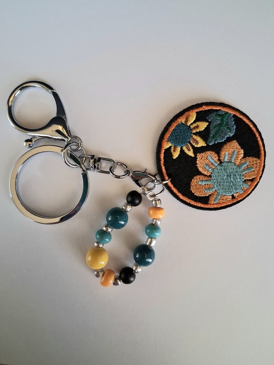 Handmade Accessories - Floral Embroidered Beaded Keychain - Teal, Mustard, Black